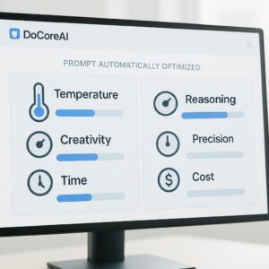 DoCoreAI interface showing AI prompt optimization sliders for temperature, creativity, reasoning, and precision